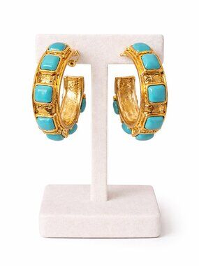 Turquoise Gold Hoop Earrings, Chunky Statement Hoops, Western Style Earrings, Bo